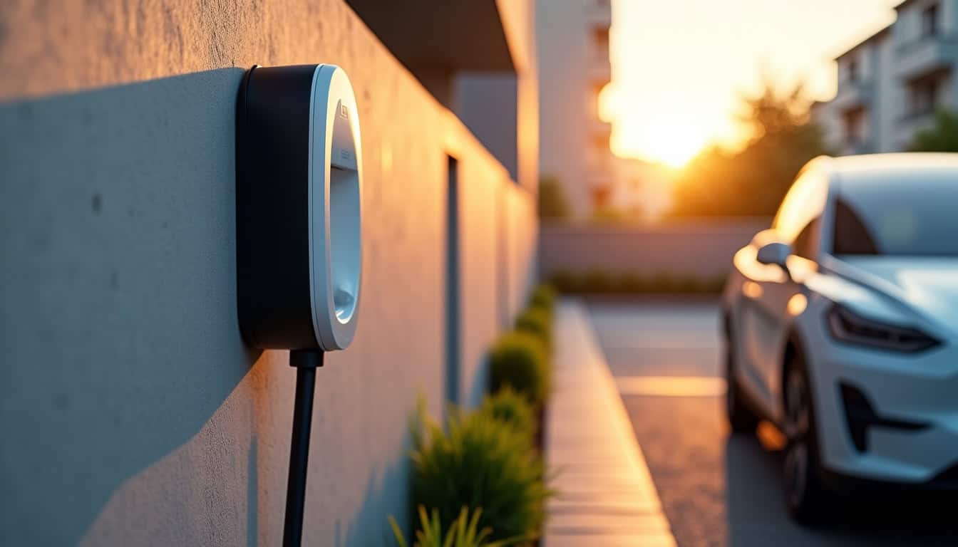 Borne de recharge installée sur une place de parking privative en copropriété à La Crèche