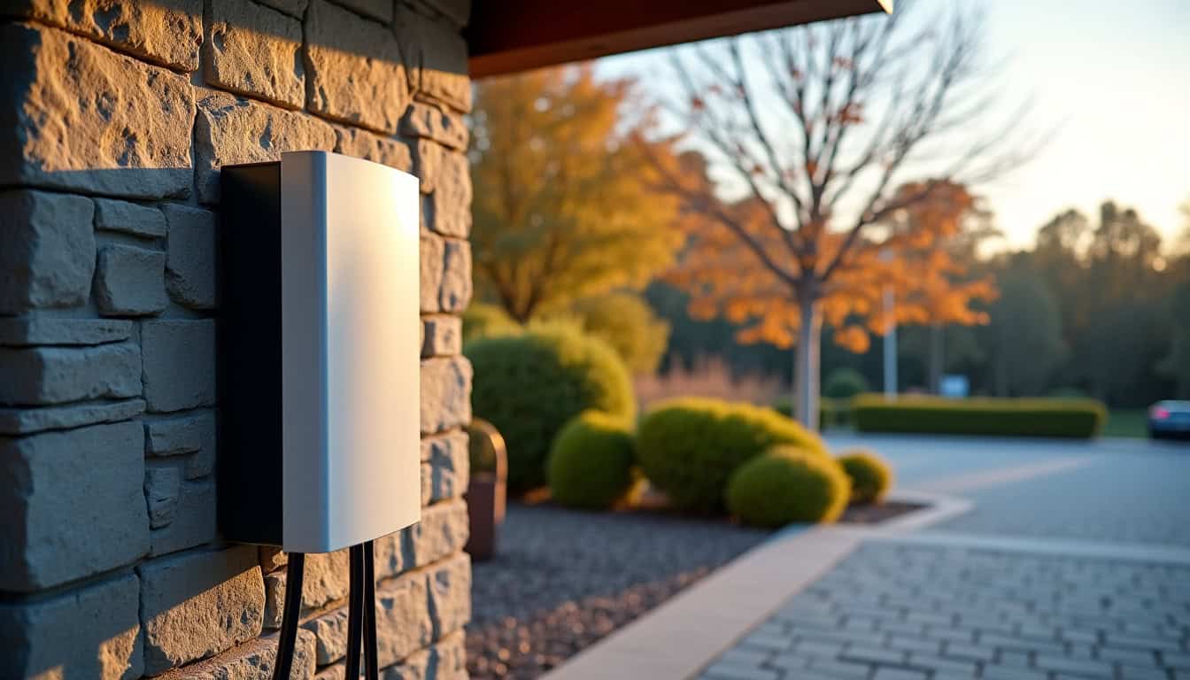 Borne de recharge murale installée à l’extérieur d’un garage à Tiercé, montrant l’étanchéité et la protection contre les intempéries
