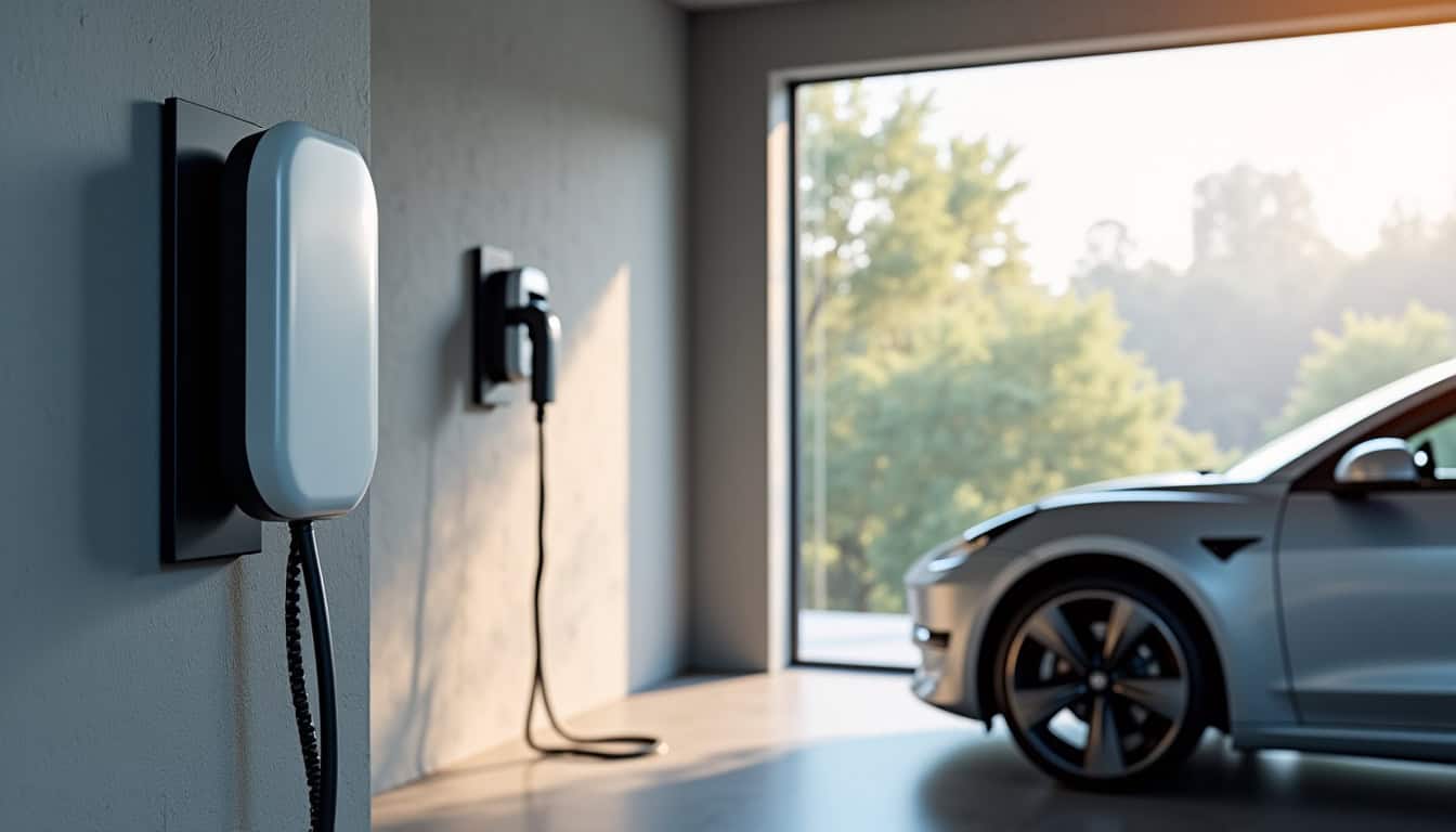 Borne de recharge murale installée dans un garage à Condrieu, montrant un câble de recharge connecté à un véhicule électrique