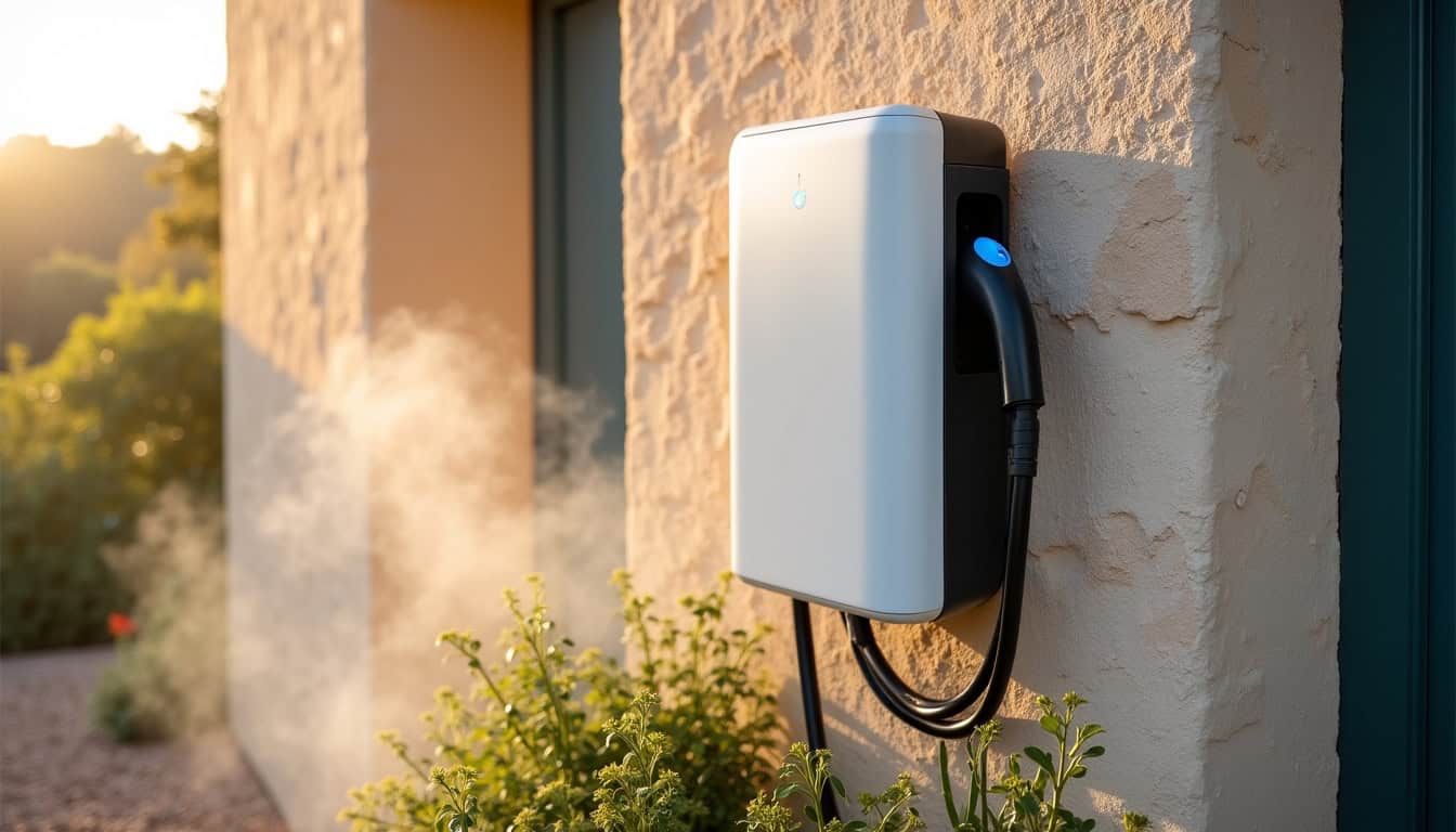 Borne de recharge murale installée sur un mur extérieur à Éguilles