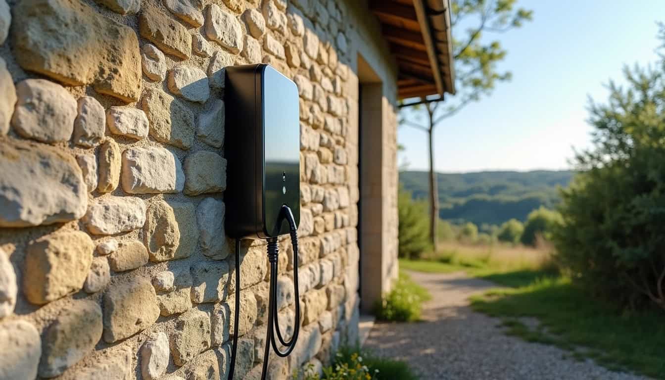 Borne de recharge murale installée sur une façade en pierre à Tence, en milieu rural