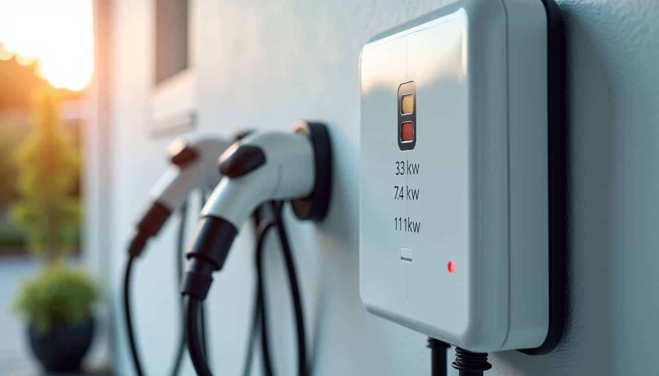 Borne de recharge murale reliée à un tableau électrique avec identification des puissances