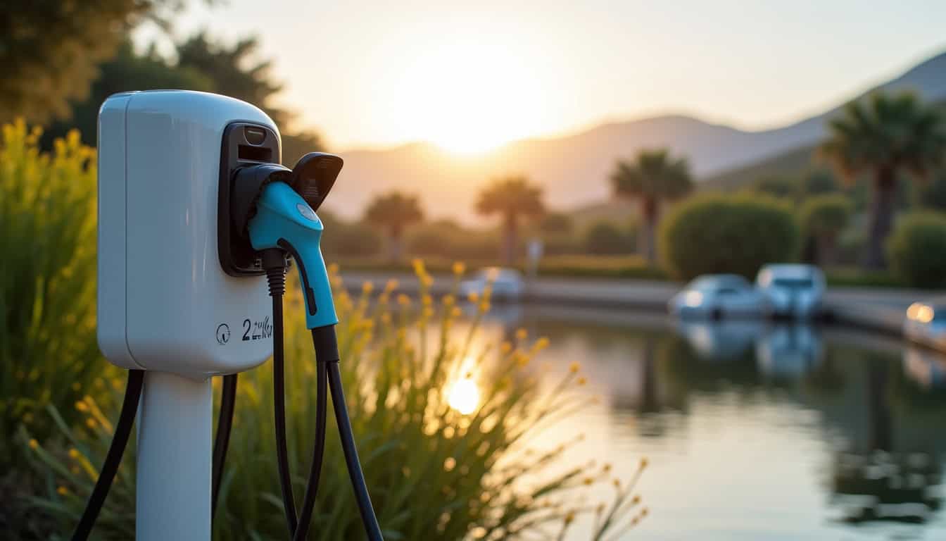 Borne de recharge publique 22 kW située au camping Les Castors à Calvi, avec deux prises T2S en fonctionnement