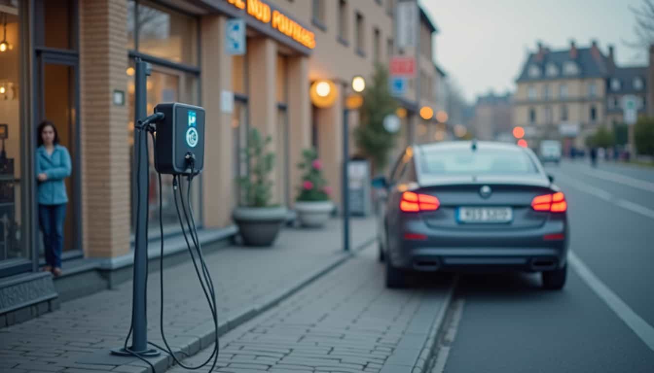 Borne de recharge publique devant un commerce à Dannemarie