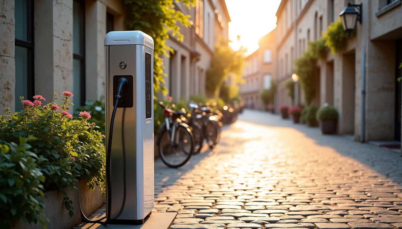 Borne de recharge publique installée place Charles de Gaulle à Châteaugay