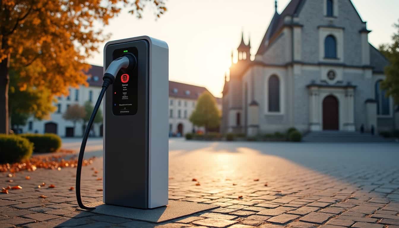 Borne de recharge publique installée place de l’église à Avoine