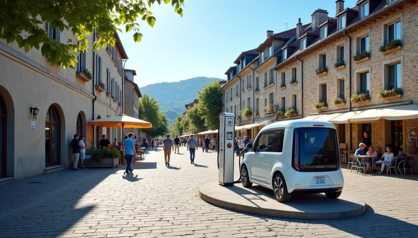 Borne de recharge publique installée sur la place de la mairie à Berné
