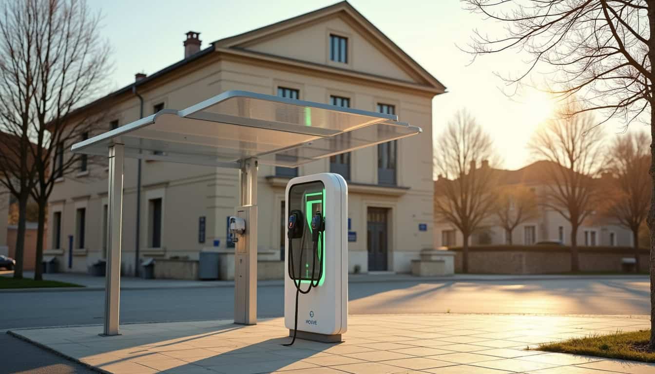 Borne de recharge publique MOBIVE installée Place de la Mairie à Saint-Hilaire-de-Lusignan