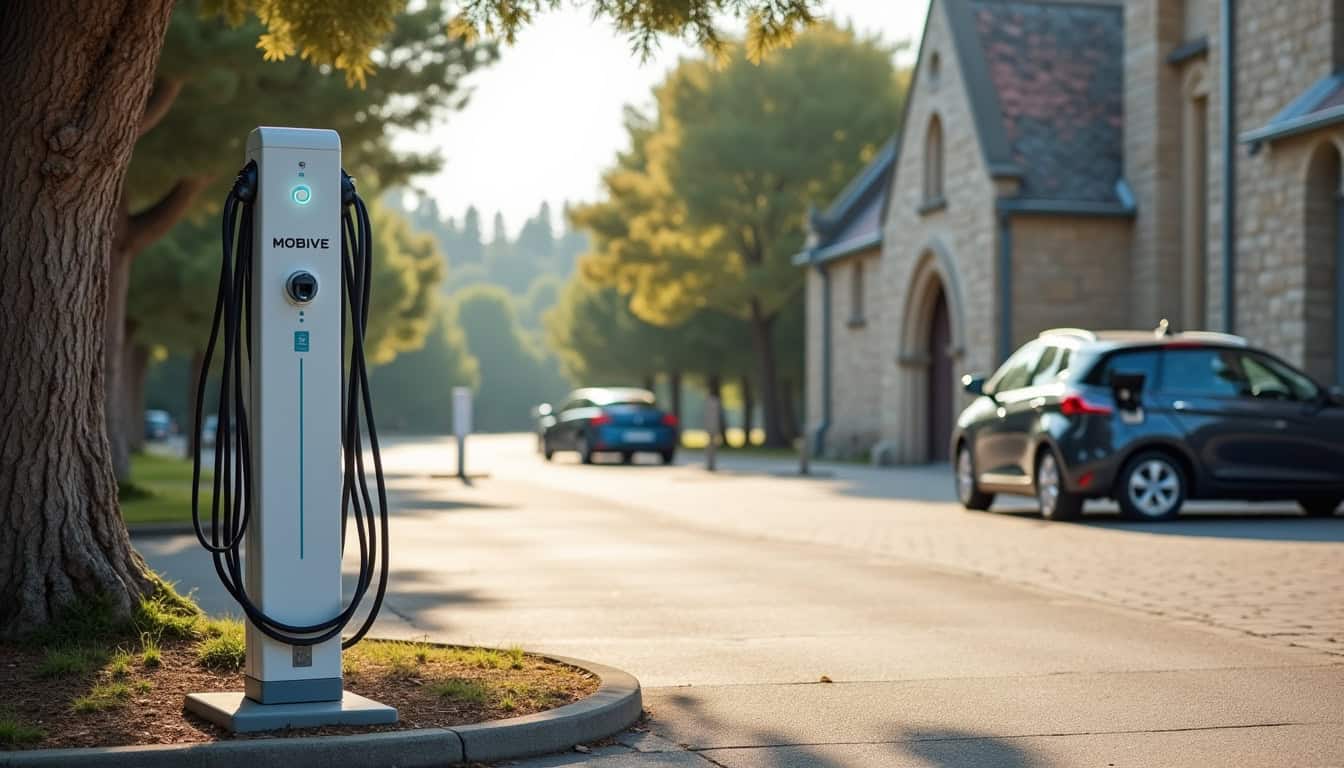 Borne de recharge publique MOBIVE située sur le parking de l’église à Pontenx-les-Forges