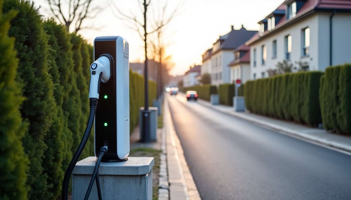 Borne de recharge publique située à Saint-Vulbas près de la rue Charles de Gaulle