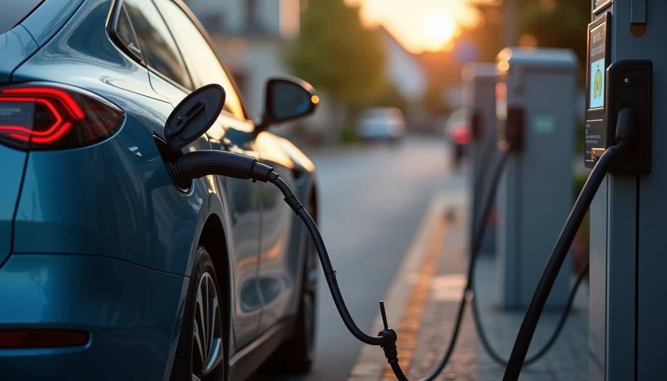 Borne de recharge publique située Rue du Tré à Ervy-le-Châtel, avec véhicule électrique en cours de charge