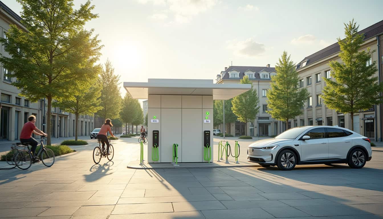 Borne de recharge publique située sur la Place Charles de Gaulle à Trun