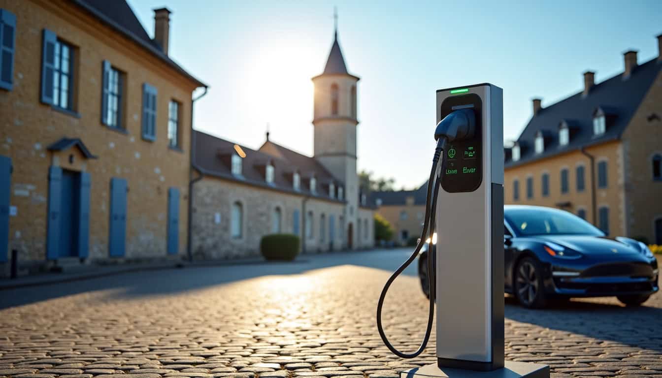 Borne de recharge publique située sur la place de la mairie à Hangest-en-Santerre
