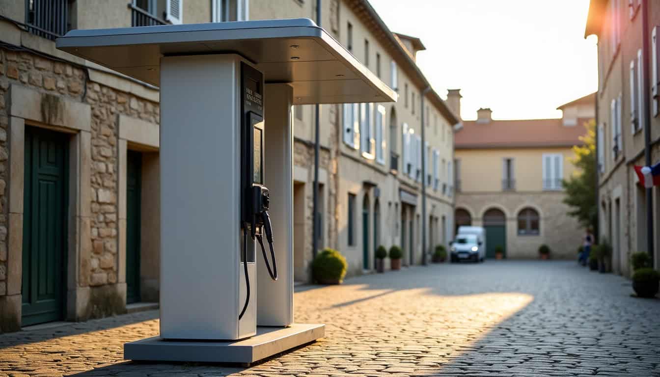 Borne de recharge publique située sur la Place du Moulin à Pont-de-Larn