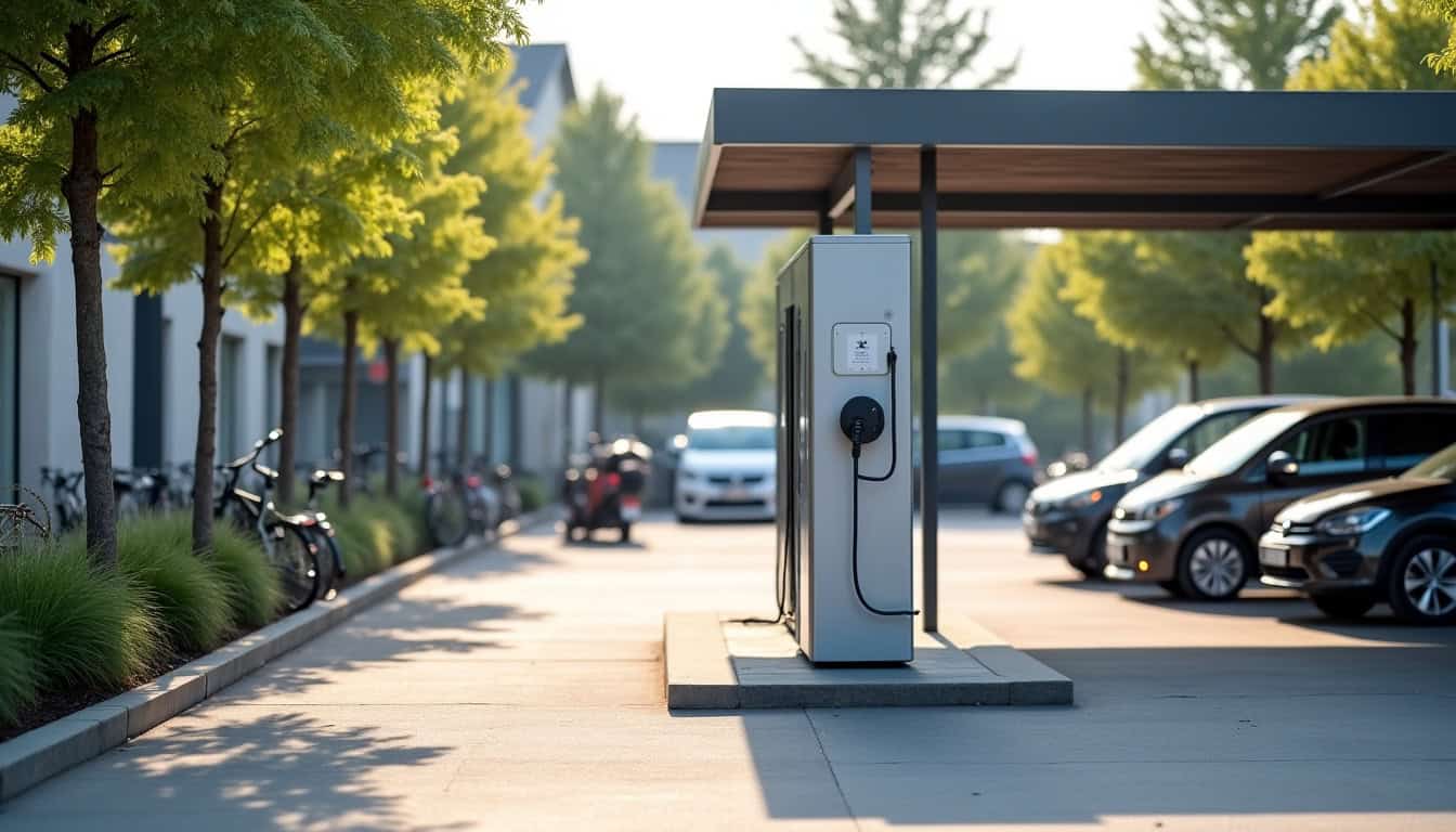 Borne de recharge publique située sur le parking de l
