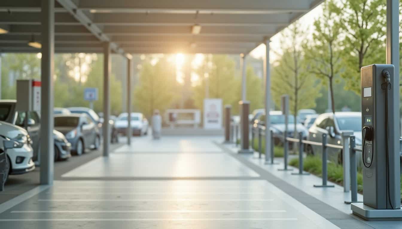 Borne de recharge publique située sur le parking des commerces à Roumare