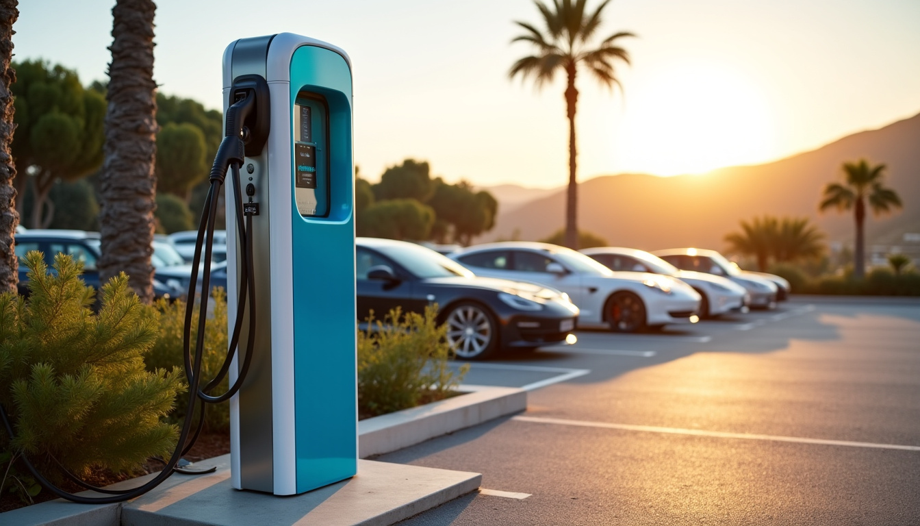 Borne de recharge publique située sur un parking de Le Lavandou