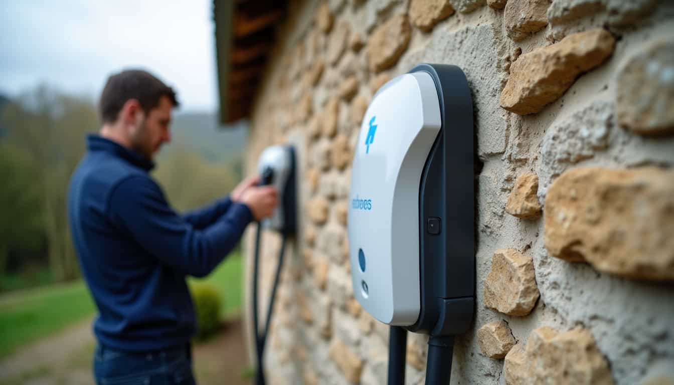 Borne électrique en cours de fixation sur un mur extérieur à Catenoy