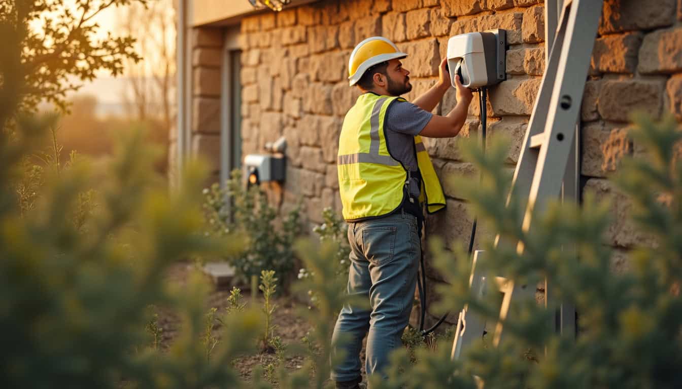 Borne électrique en cours de raccordement électrique à Jouarre, montrant un technicien qui installe le câblage sur une façade extérieure