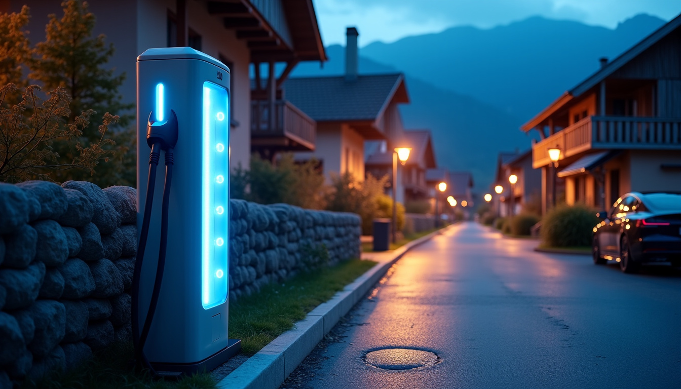 Borne électrique en fonctionnement à Pers-Jussy, vue de nuit