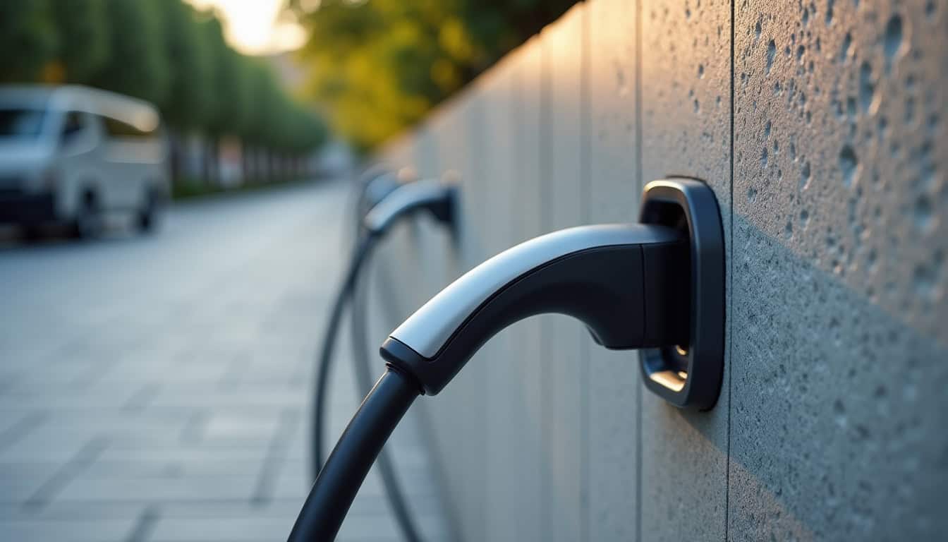 Borne électrique installée au sol sur une surface en pierre