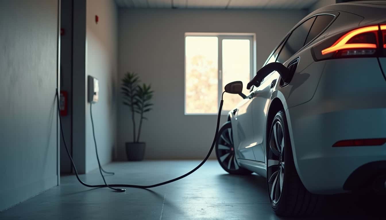Borne électrique installée dans un garage avec câble de recharge connecté à une voiture électrique