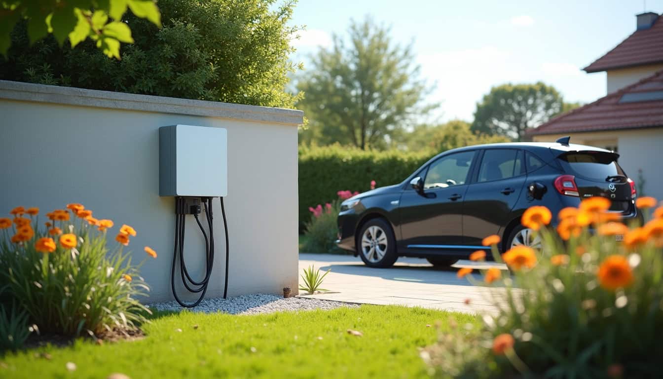 Borne électrique installée dans un jardin à Merlimont, vue extérieure en journée