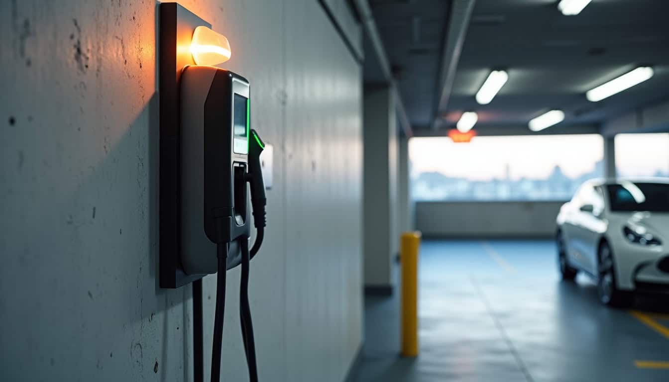 Borne électrique installée dans un parking d