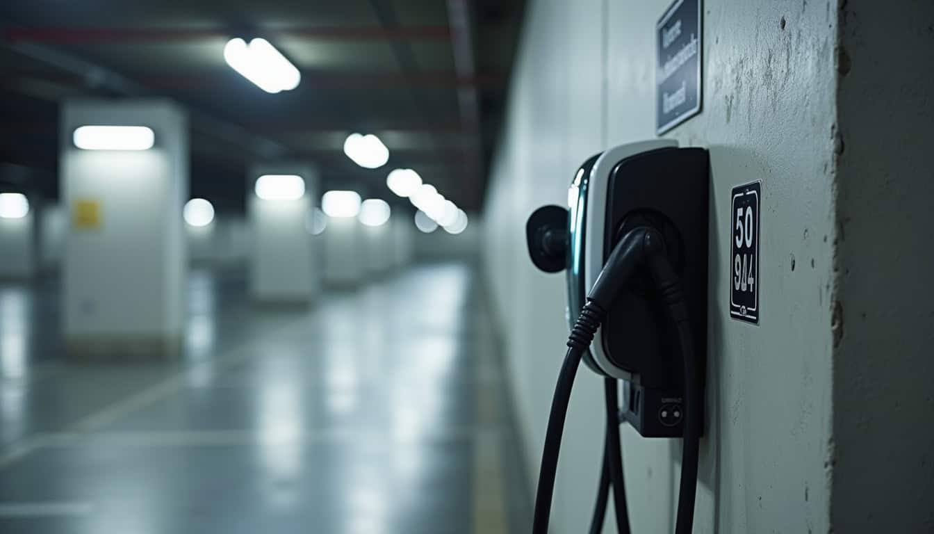 Borne électrique installée dans un parking souterrain de copropriété avec emplacement numéroté
