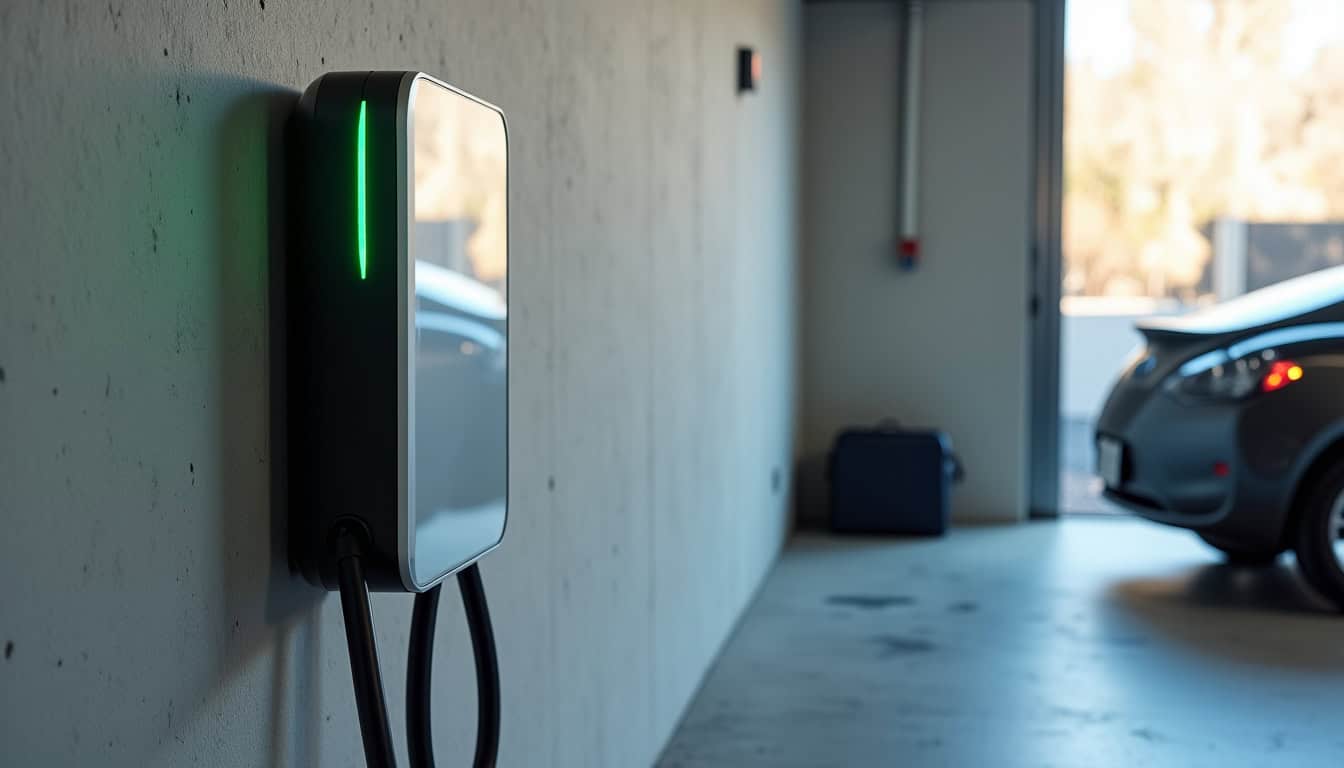 Borne électrique installée et fonctionnelle dans un garage à Pavilly