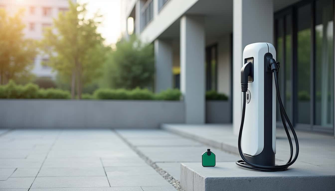 Borne électrique installée sur une place de parking en copropriété, avec badge RFID pour l