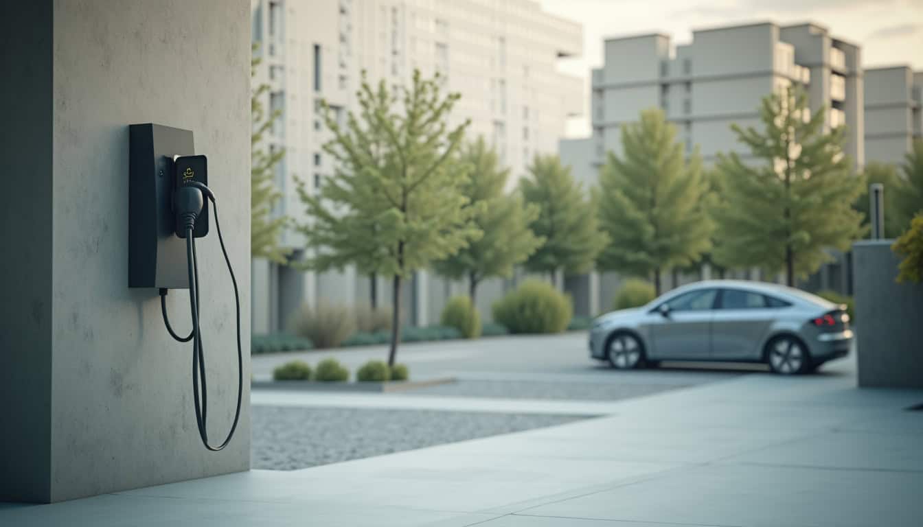 Borne électrique installée sur une place de parking en zone de copropriété