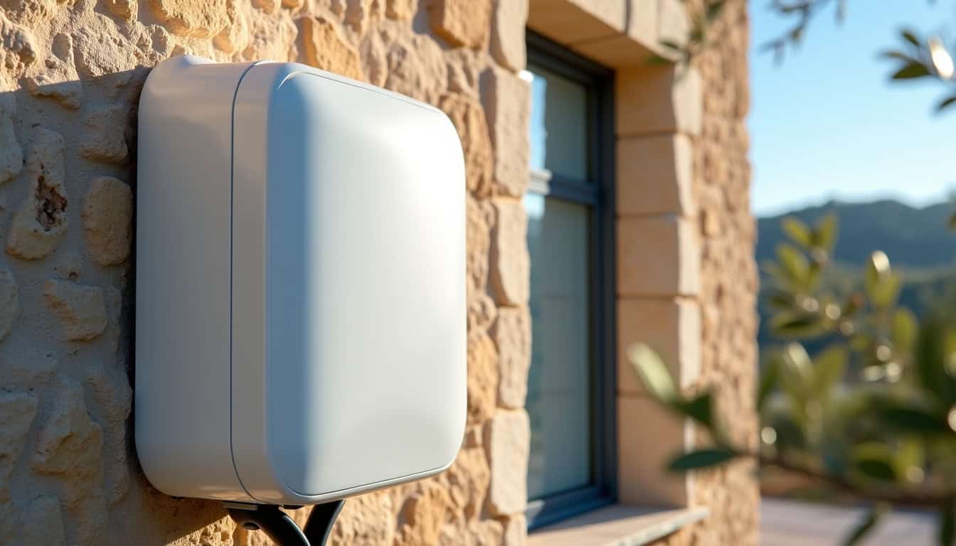 Borne électrique murale installée sur un mur extérieur à Cadolive