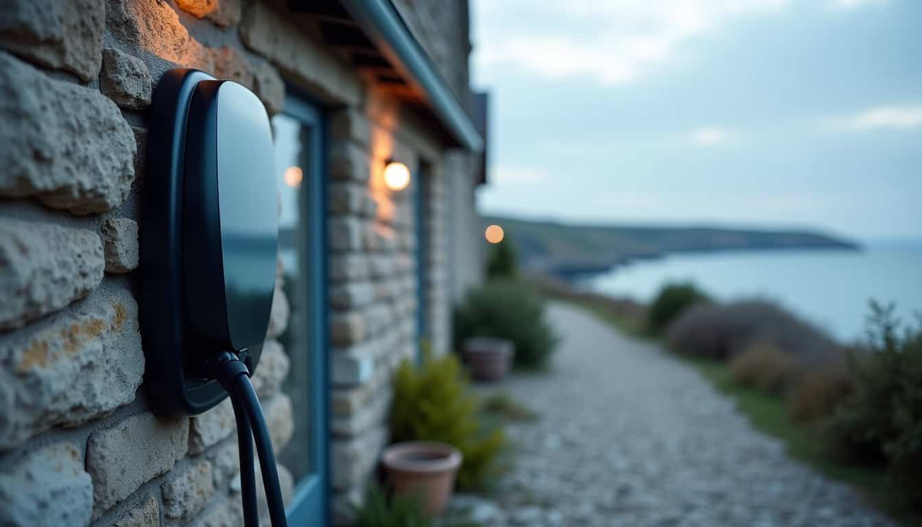 Borne électrique murale installée sur un mur extérieur à Fouesnant