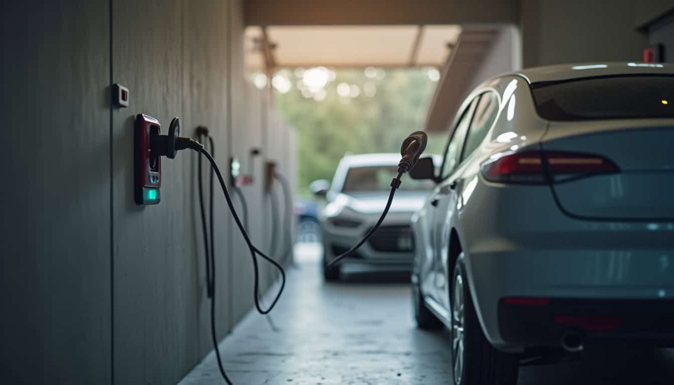 Chauffeur branchant son véhicule électrique à une borne murale dans un garage privé à Châteauneuf-de-Gadagne