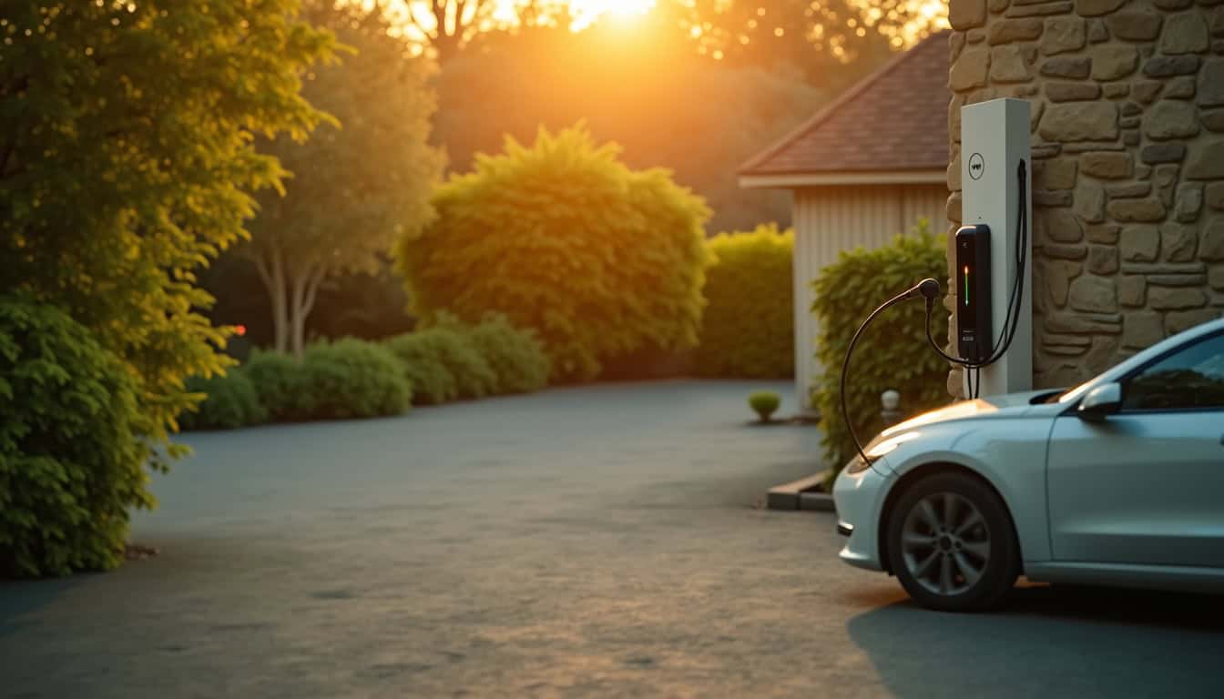 Chauffeur de voiture électrique branchant son véhicule à une borne de recharge murale