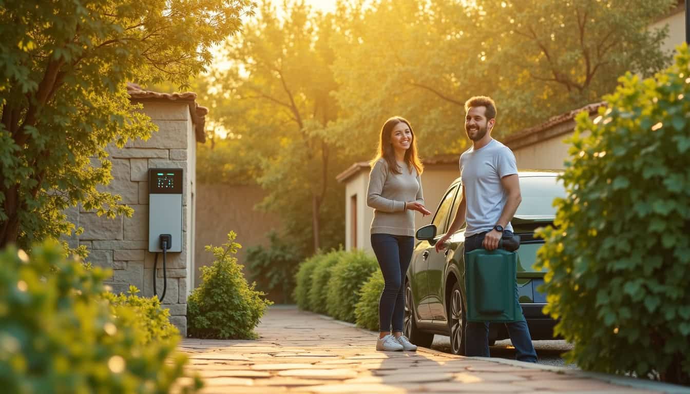 Clients satisfaits posant avec leur nouvelle borne de recharge électrique après installation à Saint-Bauzille-de-Montmel