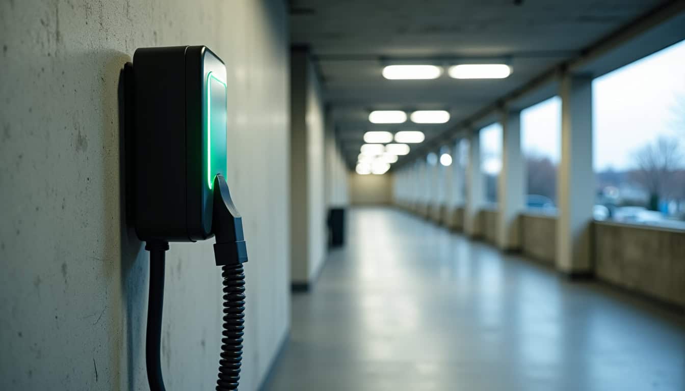 Colonne de recharge électrique installée dans un parking de copropriété à Houtaud