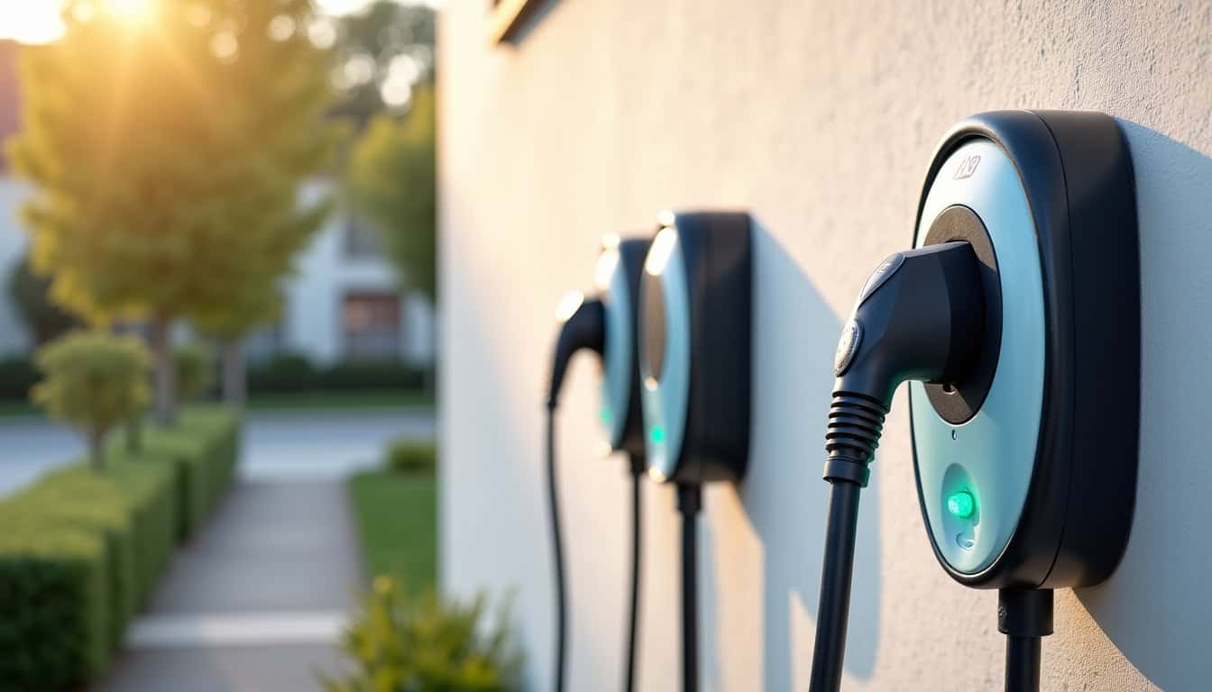 Comparaison de trois modèles de bornes électriques posés côte à côte sur un mur à Saint-Prix