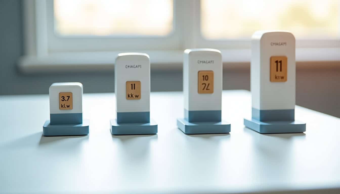 Comparaison des puissances de bornes de recharge: 3,7 kW, 7,4 kW, 11 kW et 22 kW