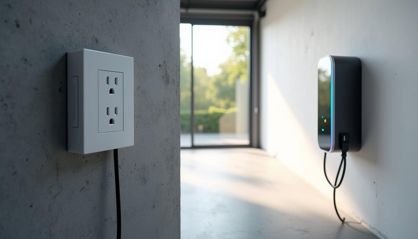 Comparaison entre une prise renforcée et une borne murale installée dans un garage à Voiron