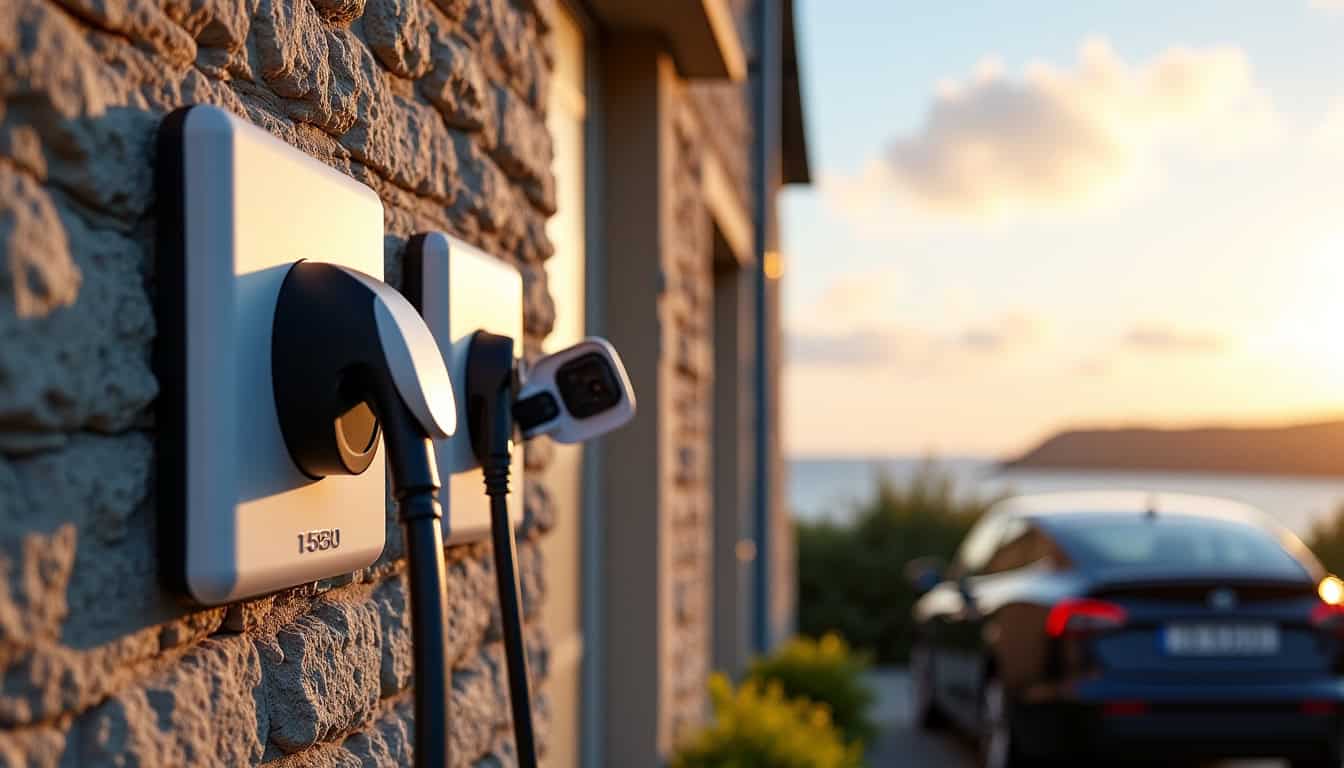 Comparaison entre une prise renforcée et une wallbox installée à l’extérieur d’une maison à Groix