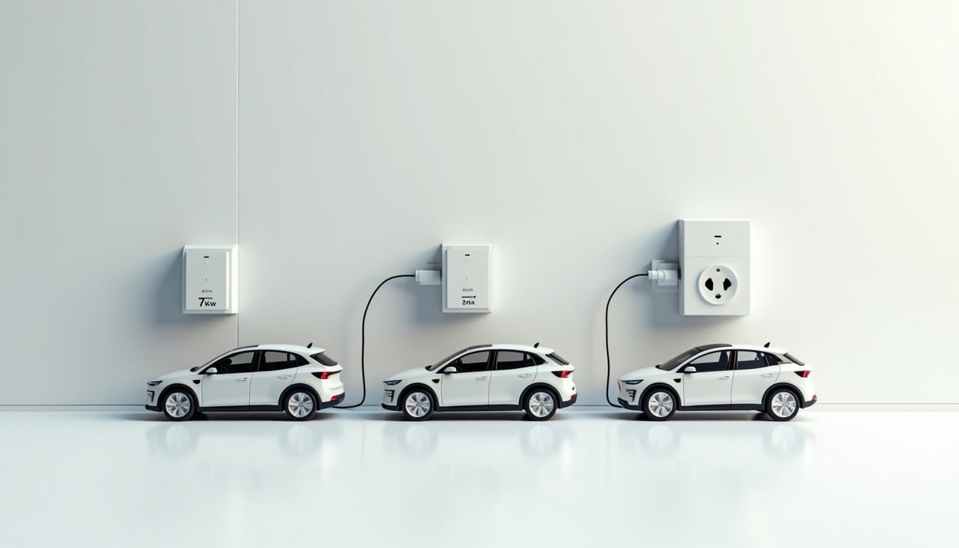 Comparaison entre une wallbox 7 kW, une prise renforcée et une borne 22 kW en triphasé