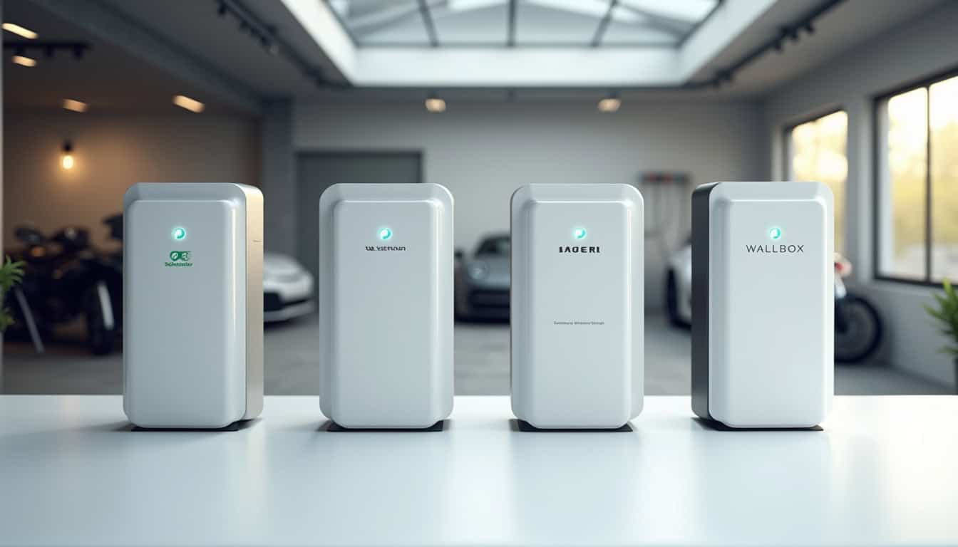 Comparaison visuelle de plusieurs modèles de bornes électriques: Schneider, Legrand, Hager et Wallbox