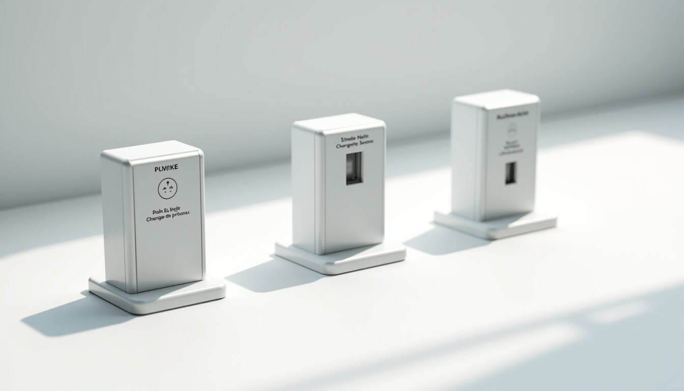 Comparaison visuelle des différents types de bornes de recharge disponibles à Seltz: prise renforcée, wallbox 7,4 kW, borne 22 kW triphasé