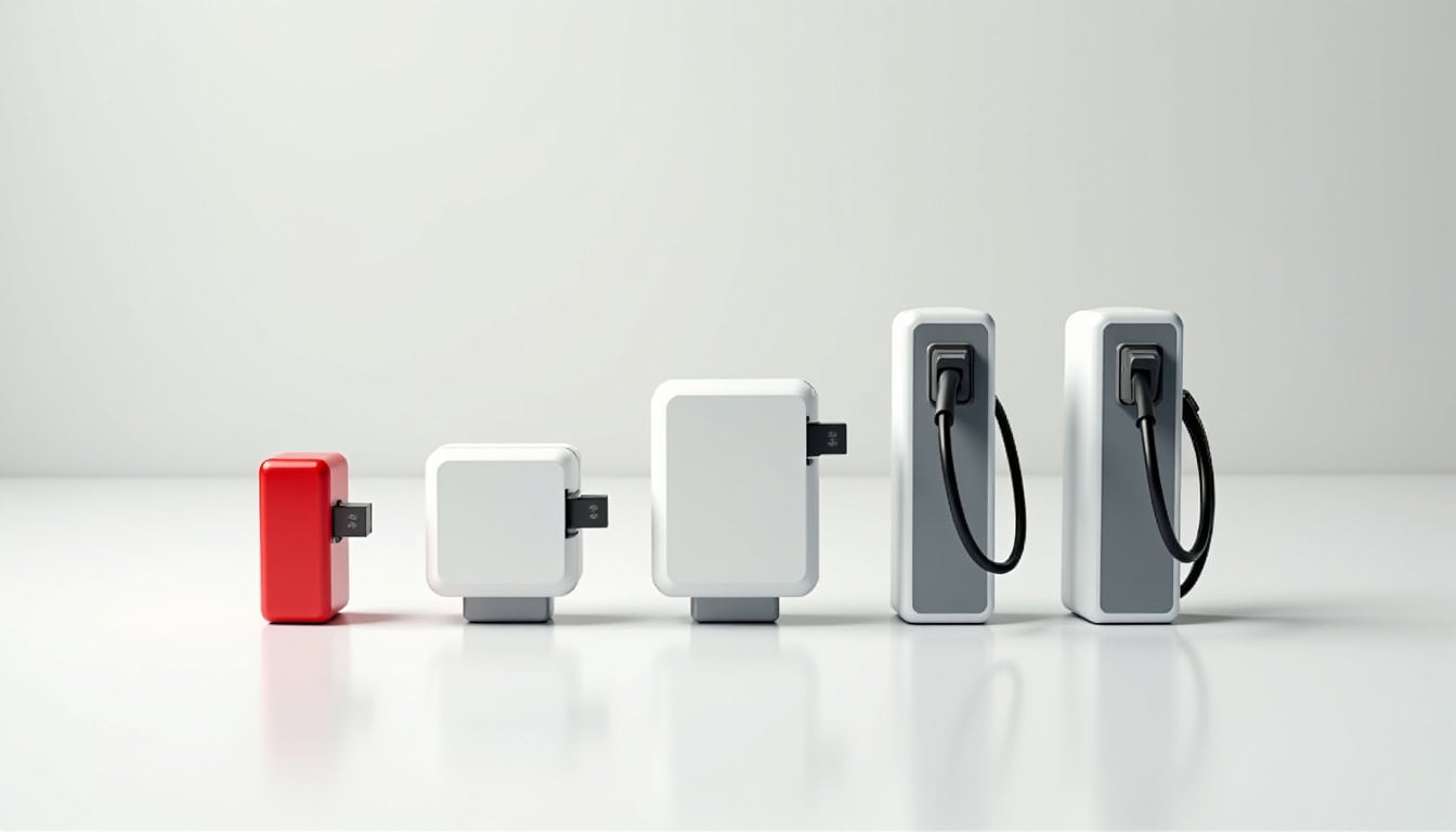 Comparaison visuelle des différents types de bornes de recharge électrique: prise renforcée, wallbox 7,4 kW, borne 11 kW