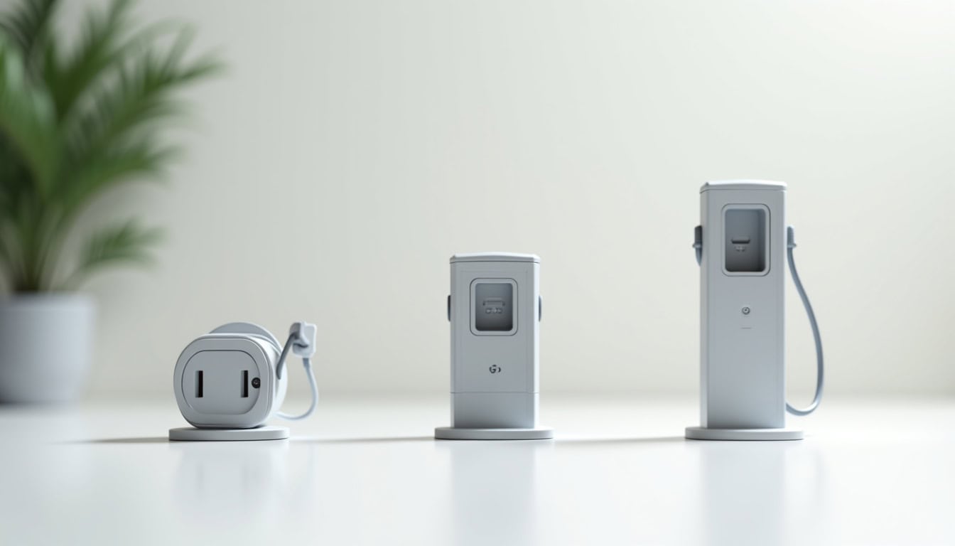 Comparaison visuelle des différents types de bornes de recharge électrique: prise renforcée, wallbox, borne rapide