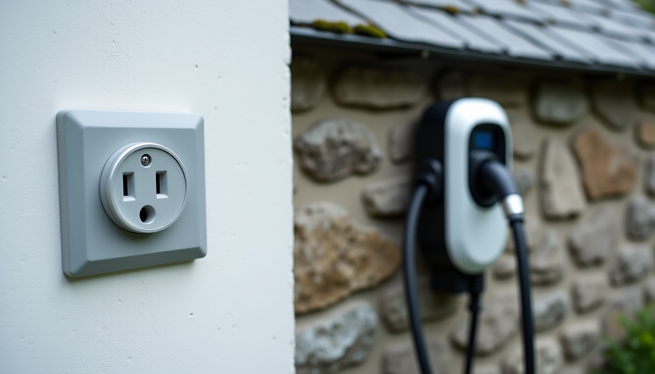 Comparaison visuelle entre une prise domestique classique et une borne de recharge installée à Trévé