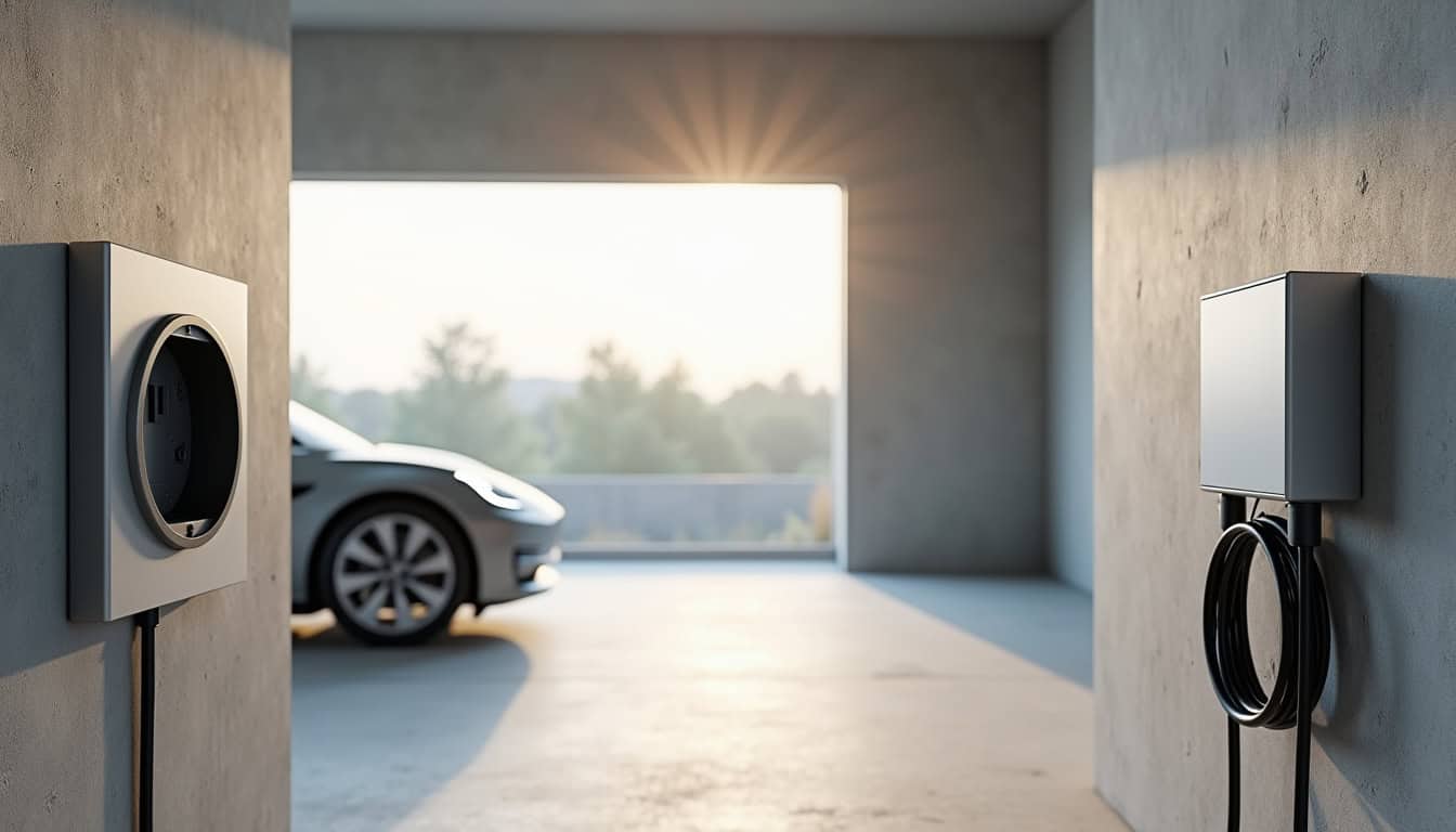 Comparaison visuelle entre une prise renforcée et une borne de recharge murale (wallbox) dans un garage à Le Magny