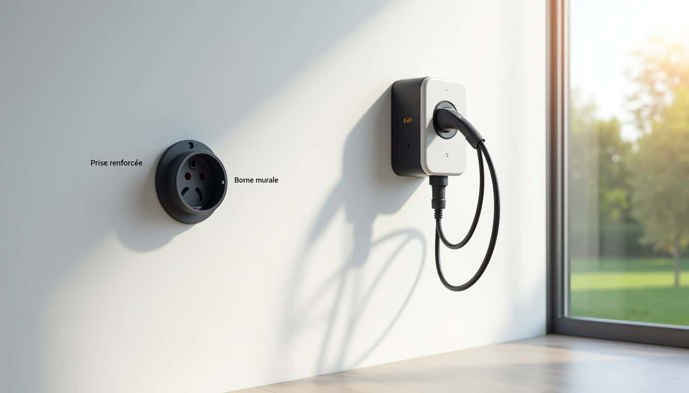 Comparaison visuelle entre une prise renforcée et une borne murale pour véhicule électrique